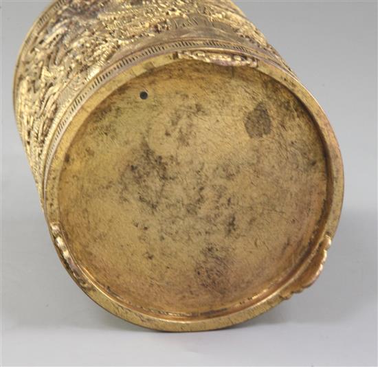 A Chinese gilt copper brush pot, Bitong, possibly Qing dynasty, 13.5cm